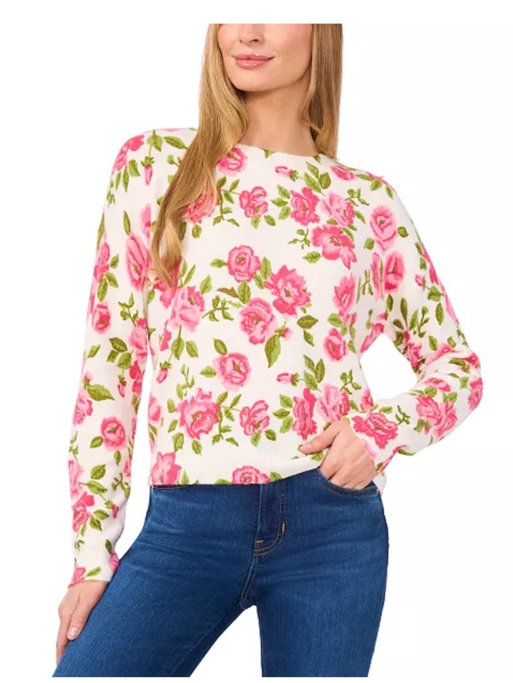 CECE Women’s White Pink Red Rose Floral Semi Crop Pullover Sweater Sz L MSRP$79